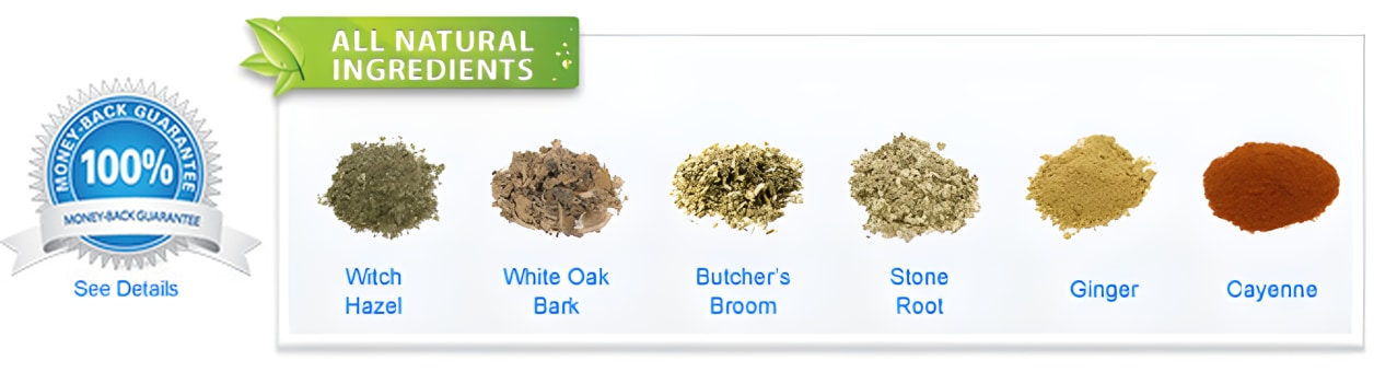 All natural ingredients: witch hazel, white oak bark, butcher's broom, stone root, ginger, cayenne